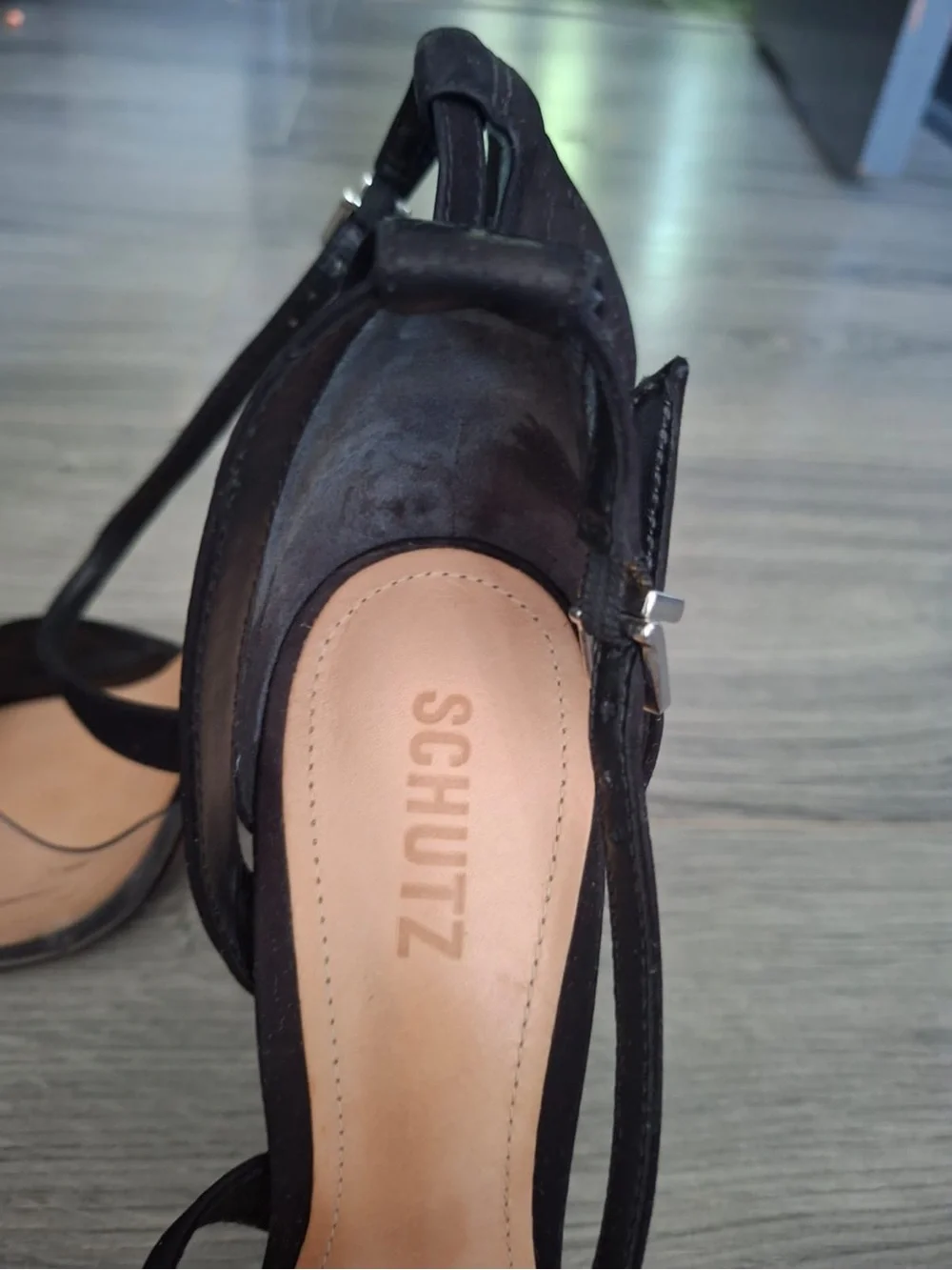 SCHUTZ Black Pointed Toe Ankle Strap Heels